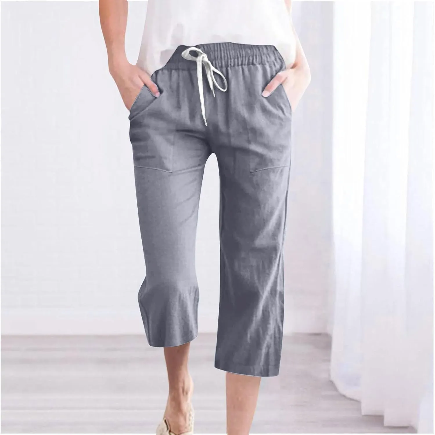 Capri Pants for Women Casual Summer Drawstring Capris Linen Pants Pockets Beach Straight Wide Leg Cropped Trousers