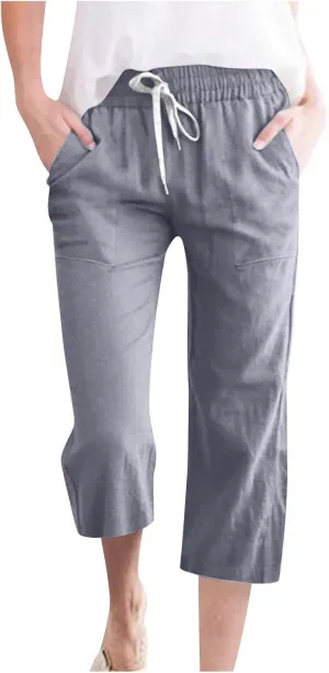 Capri Pants for Women Casual Summer Drawstring Capris Linen Pants Pockets Beach Straight Wide Leg Cropped Trousers