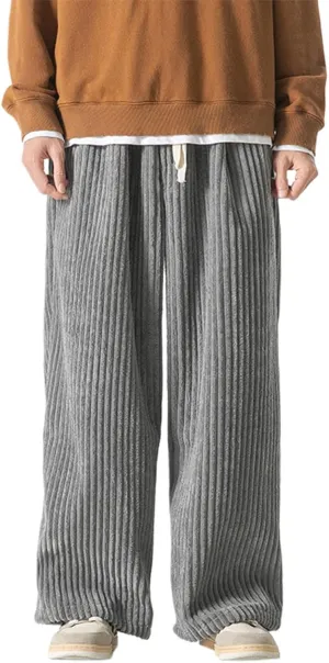 Mens Corduroy Pants Baggy Wide Leg Loose Fit Drawstring Elastic Waist Sweatpants Vintage Pants