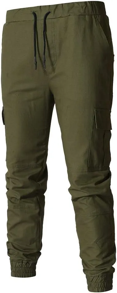 Men's Hiking Twill Chino Cargo Joggers Trousers Slim Fit Lightweight Drawstring Cotton Sweatpants with Multi Pockets