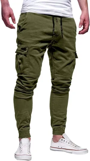 Men's Hiking Twill Chino Cargo Joggers Trousers Slim Fit Lightweight Drawstring Cotton Sweatpants with Multi Pockets