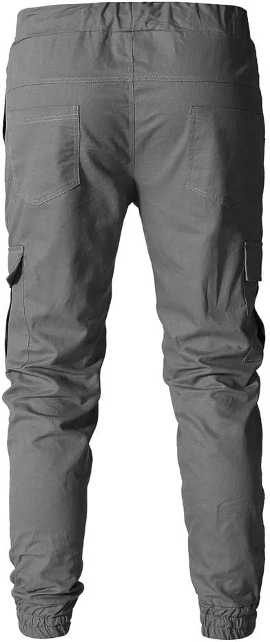 Men's Hiking Twill Chino Cargo Joggers Trousers Slim Fit Lightweight Drawstring Cotton Sweatpants with Multi Pockets