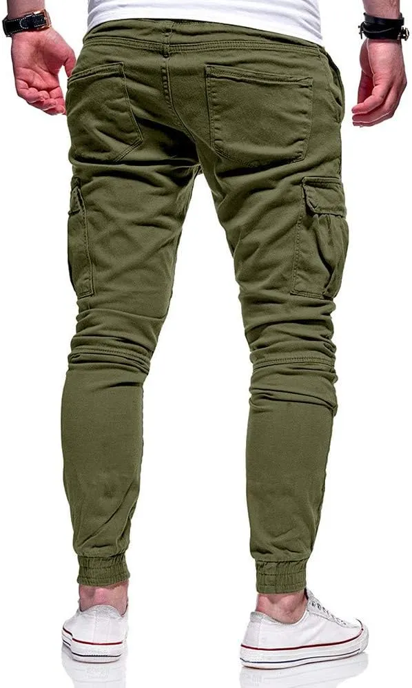 Men's Hiking Twill Chino Cargo Joggers Trousers Slim Fit Lightweight Drawstring Cotton Sweatpants with Multi Pockets