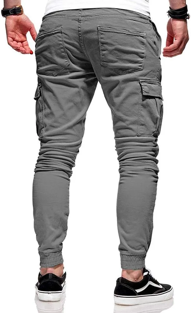 Men's Hiking Twill Chino Cargo Joggers Trousers Slim Fit Lightweight Drawstring Cotton Sweatpants with Multi Pockets