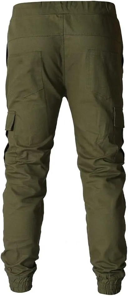 Men's Hiking Twill Chino Cargo Joggers Trousers Slim Fit Lightweight Drawstring Cotton Sweatpants with Multi Pockets