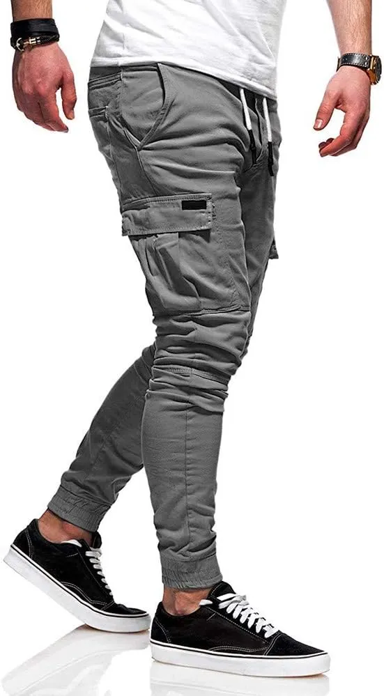 Men's Hiking Twill Chino Cargo Joggers Trousers Slim Fit Lightweight Drawstring Cotton Sweatpants with Multi Pockets