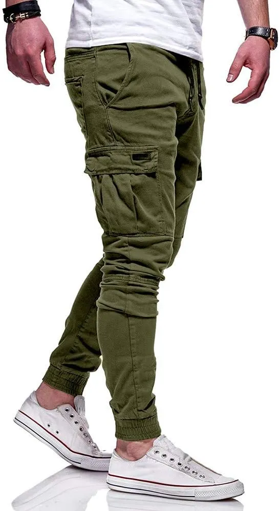 Men's Hiking Twill Chino Cargo Joggers Trousers Slim Fit Lightweight Drawstring Cotton Sweatpants with Multi Pockets