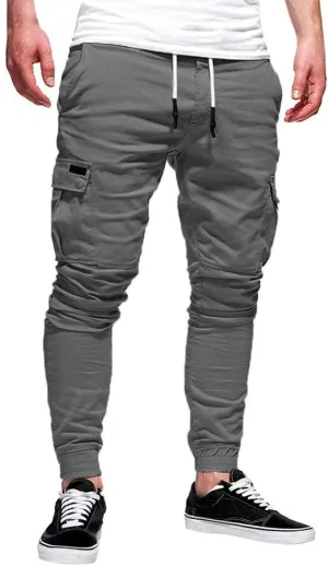 Men's Hiking Twill Chino Cargo Joggers Trousers Slim Fit Lightweight Drawstring Cotton Sweatpants with Multi Pockets
