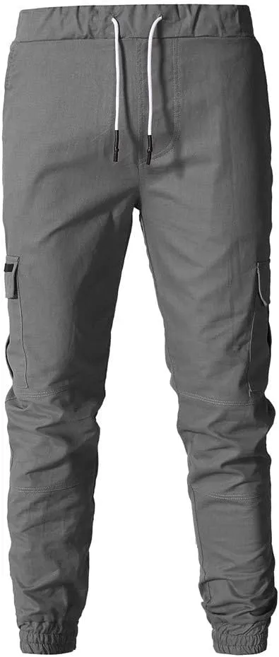 Men's Hiking Twill Chino Cargo Joggers Trousers Slim Fit Lightweight Drawstring Cotton Sweatpants with Multi Pockets