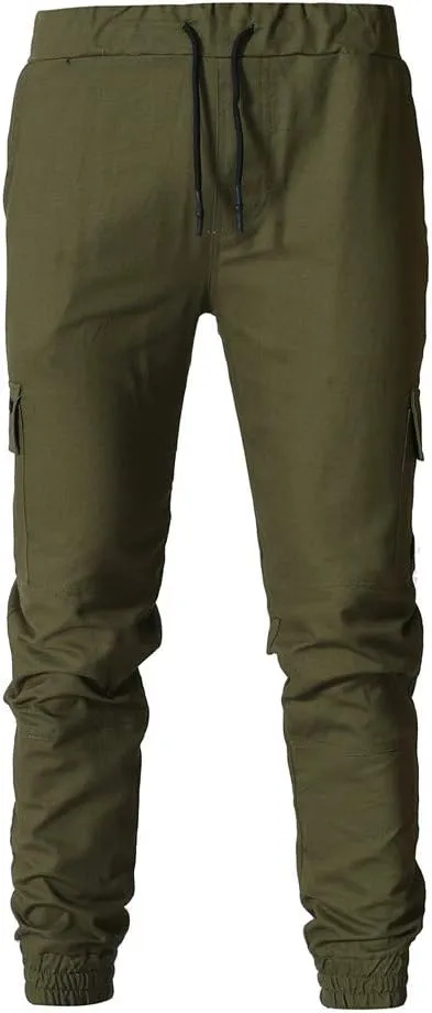 Men's Hiking Twill Chino Cargo Joggers Trousers Slim Fit Lightweight Drawstring Cotton Sweatpants with Multi Pockets
