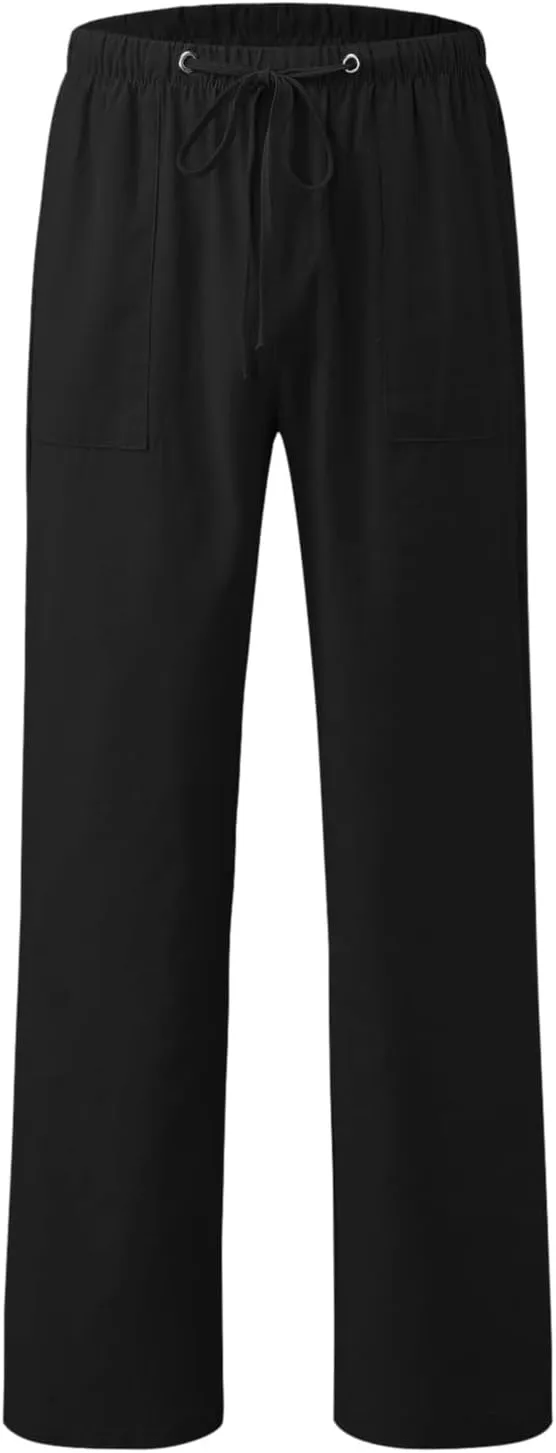 Mens Lightweight Casual Linen Pants Elastic Waist Drawstring Tactical Pants Workout Trousers with Pocket