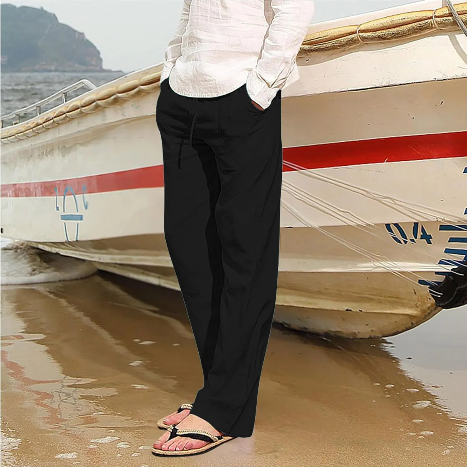 Mens Lightweight Casual Linen Pants Elastic Waist Drawstring Tactical Pants Workout Trousers with Pocket