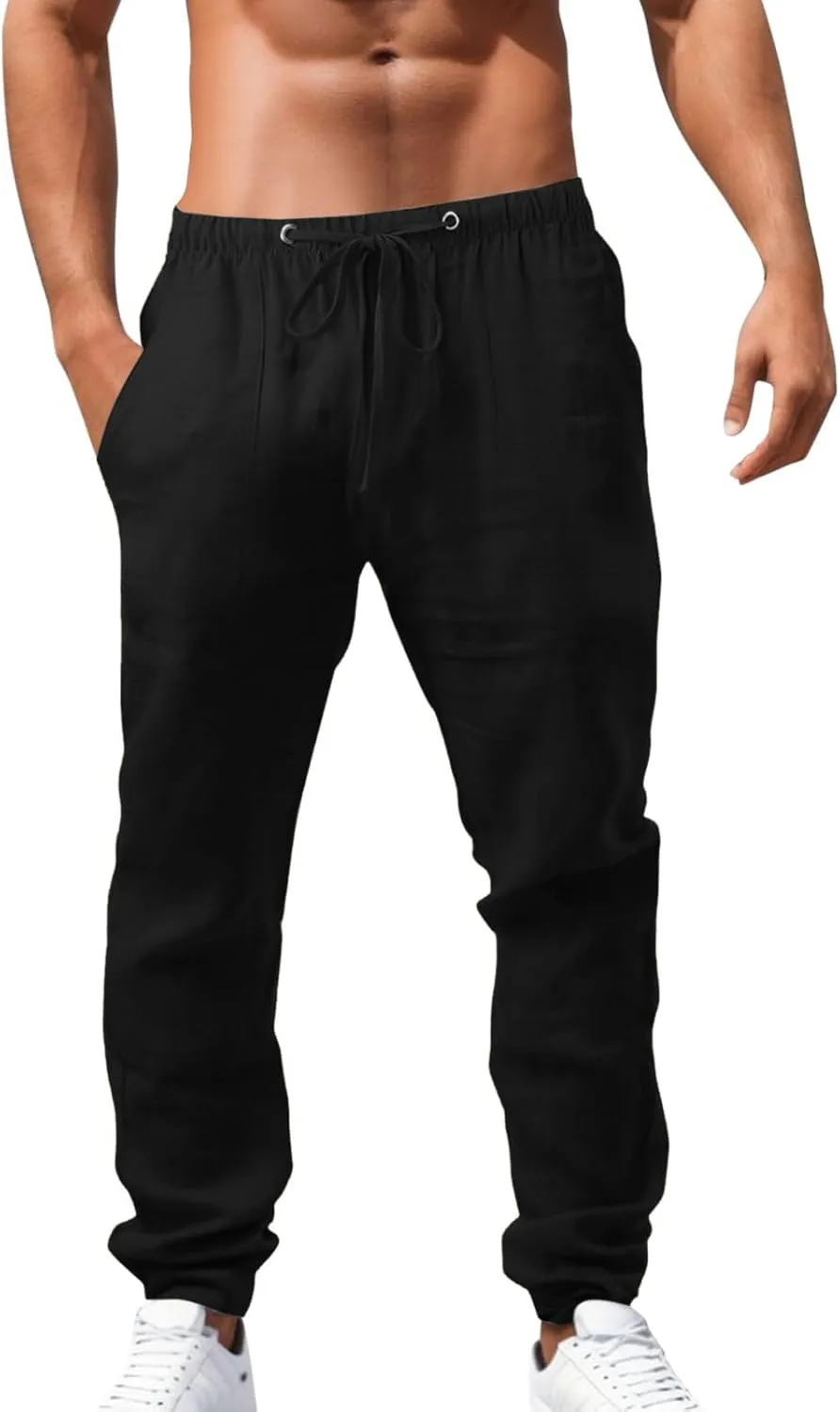 Mens Lightweight Casual Linen Pants Elastic Waist Drawstring Tactical Pants Workout Trousers with Pocket
