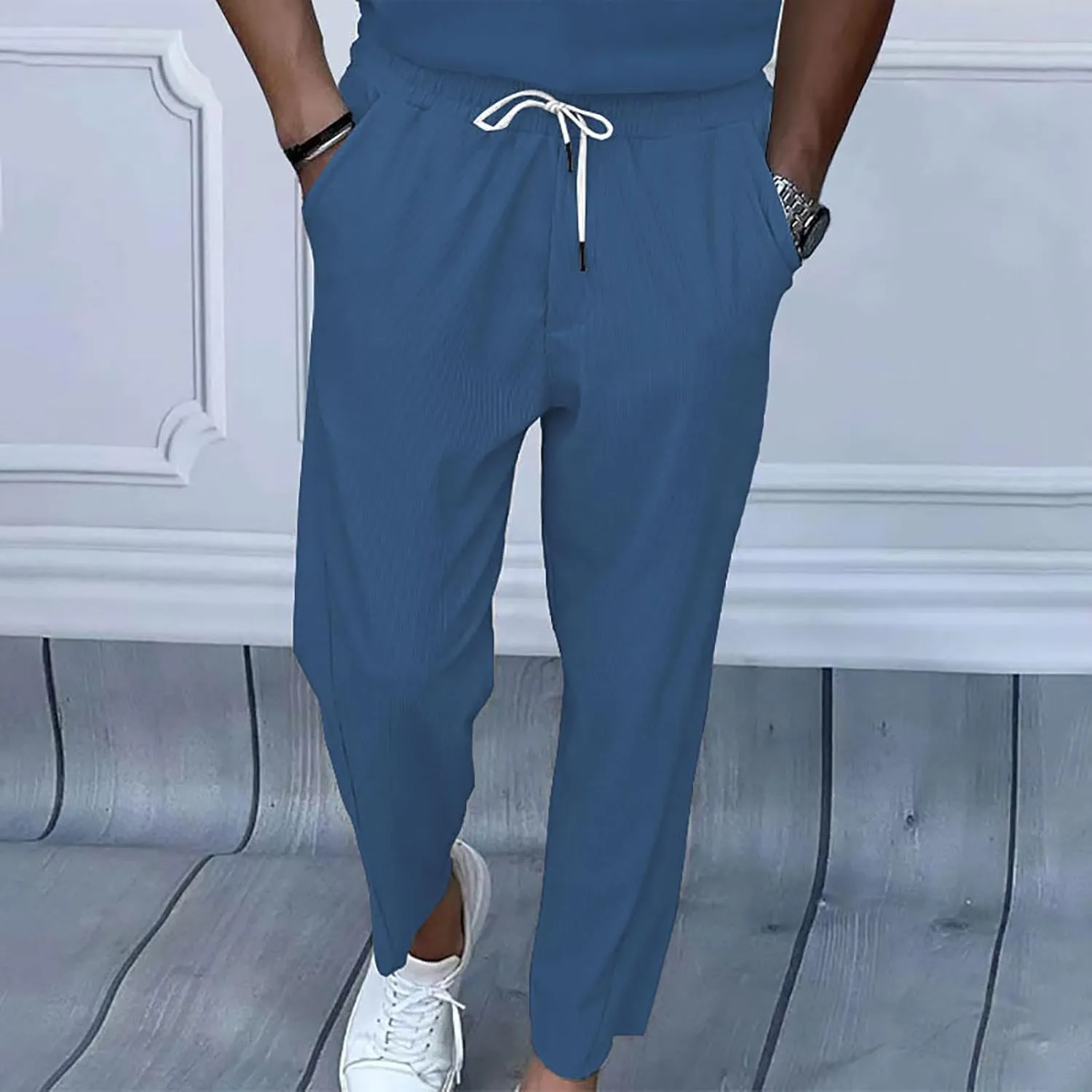Wide Leg Pants Mens Lounge Solid Colour Pants Baggy Corduroy Pants Slant Pocket Tie Front Pants Flex Sport Pants
