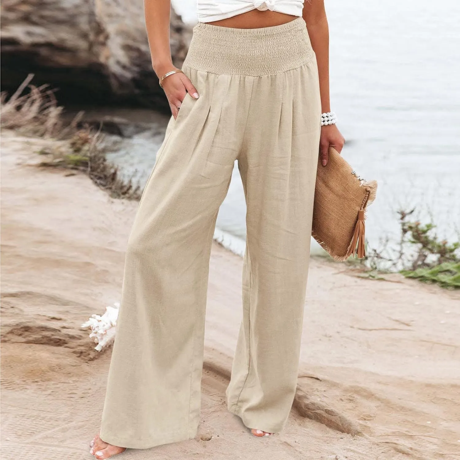 Women Summer Wide Leg Pants Cotton Linen Elastic High Waisted Palazzo Trousers Casual Loose Solid Straight Wide Leg Pants