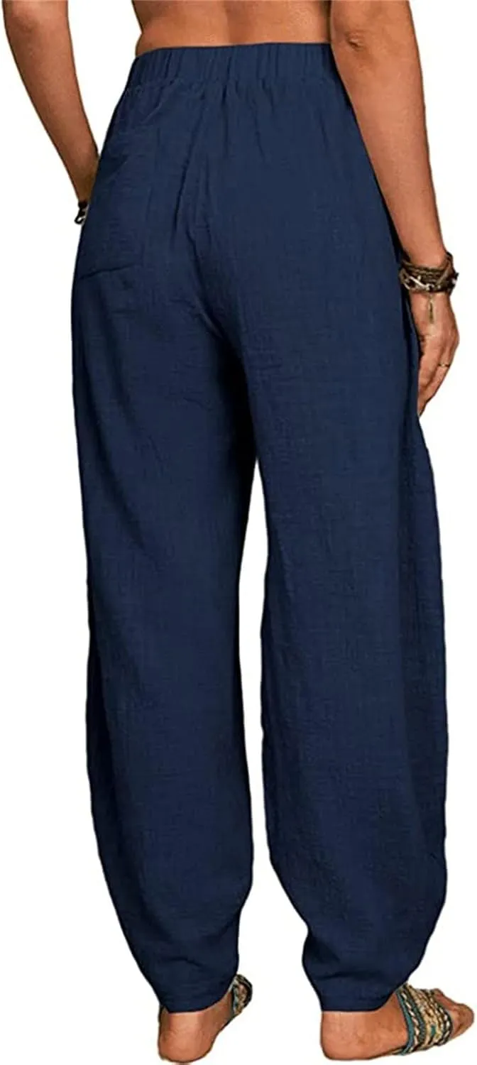 Womens Cotton Linen Palazzo Pants Pants Waist Casual Loose Trousers Drawstring Elastic Waist Casual Wide Leg