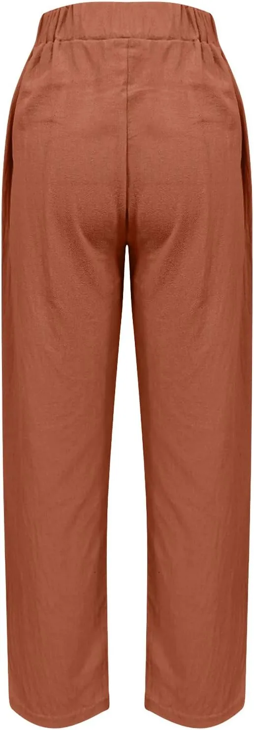 Womens Linen Pants Cropped Loose Elastic High Waisted Comfy Trousers Summer Lightweight Casual Straight Pant Pockets