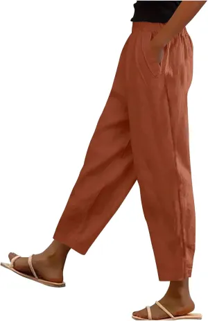 Womens Linen Pants Cropped Loose Elastic High Waisted Comfy Trousers Summer Lightweight Casual Straight Pant Pockets