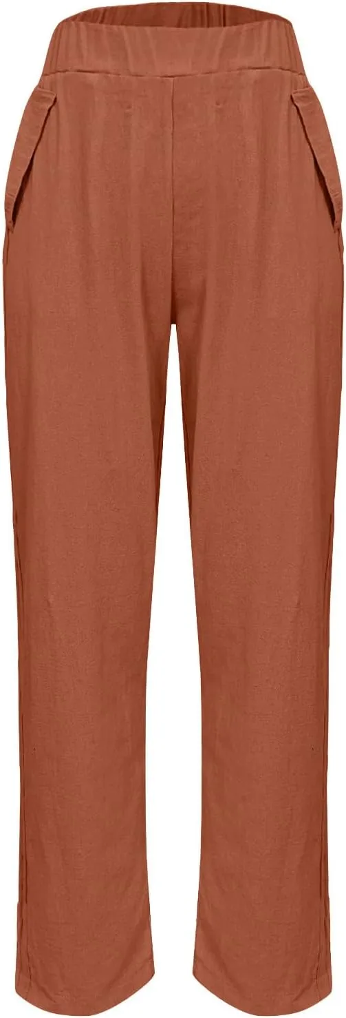 Womens Linen Pants Cropped Loose Elastic High Waisted Comfy Trousers Summer Lightweight Casual Straight Pant Pockets