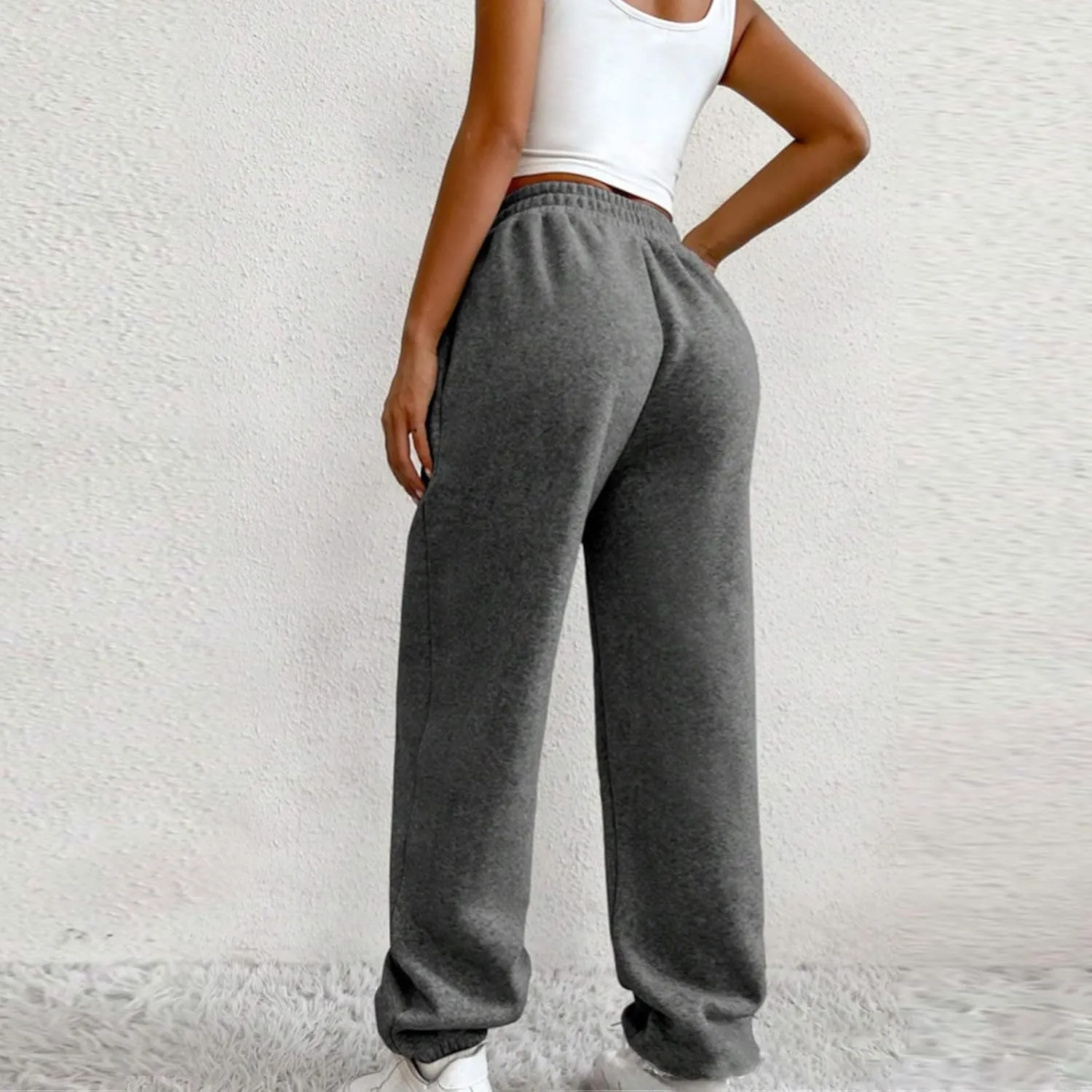 Women's Trendy Trousers Solid Color High Elastic Waist Cuffed Slant Sweatpants Athletic Sports Joggers Casual Bottom